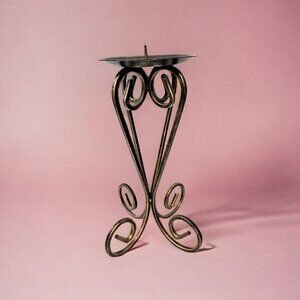 Distressed Black Gold Scroll Metal 11 inch Pillar Candle Holder A1